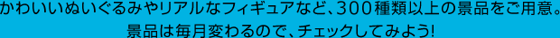 かわいいぬいぐるみやリアルなフィギュアなど、200種類以上の景品をご用意。景品は毎月変わるので、チェックしてみよう！