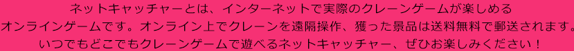 ネットキャッチャーとは、インターネットで実際のクレーンゲームが楽しめるオンラインゲームです。オンライン上でクレーンを遠隔操作、獲った景品は送料無料で郵送されます。いつでもどこでもクレーンゲームで遊べるNETCH、ぜひお楽しみください！